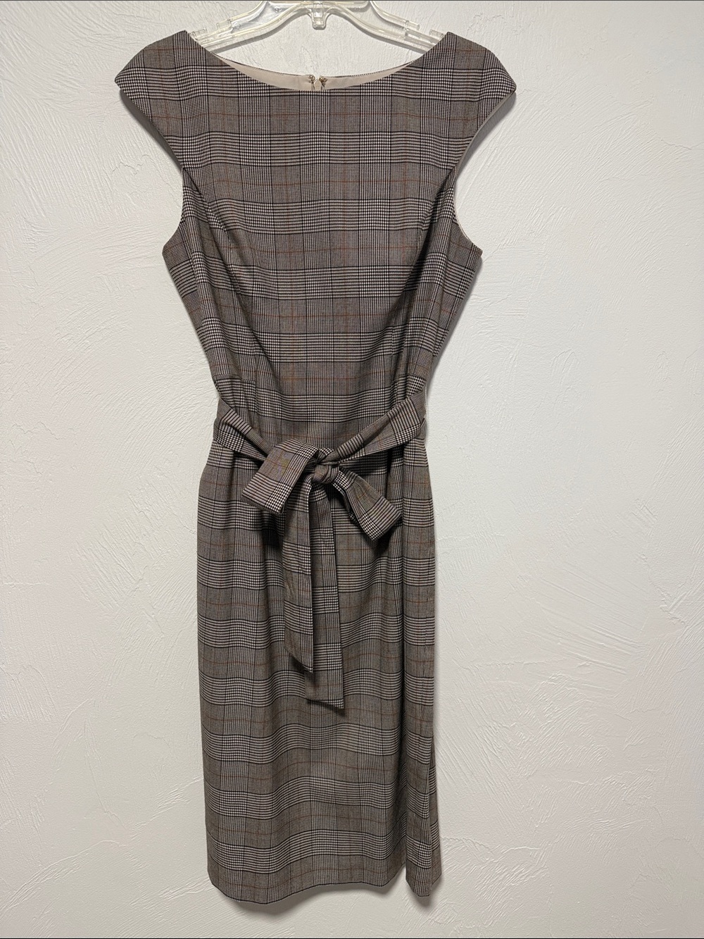 Classic Plaid Sheath Dress with Waist Tie - Brown Cream size 8